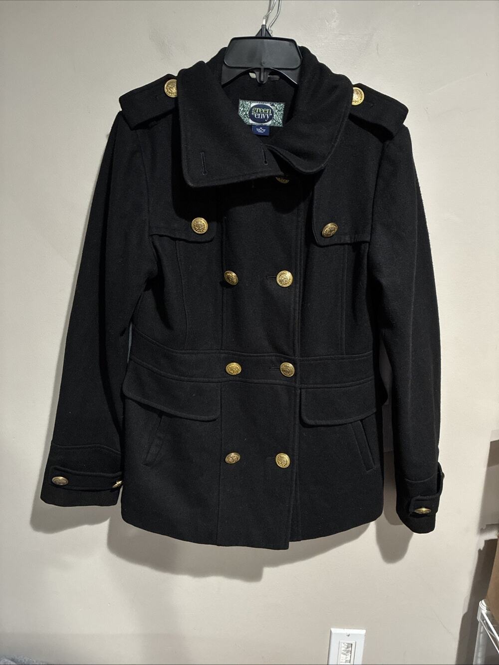Green with Envy Military Pea Coat Double Breasted Gold Buttons Wool Blend Sz Med